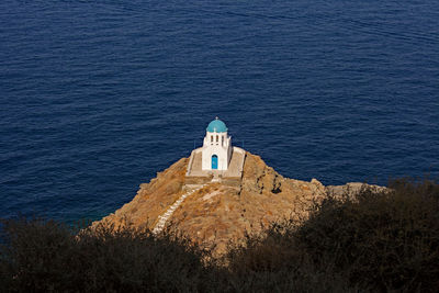 Aerial view of the church of the seven martyrs  on an outcrop of rock near kastro, sifnos, greece