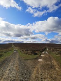 Dirt road amidst landscape against sky