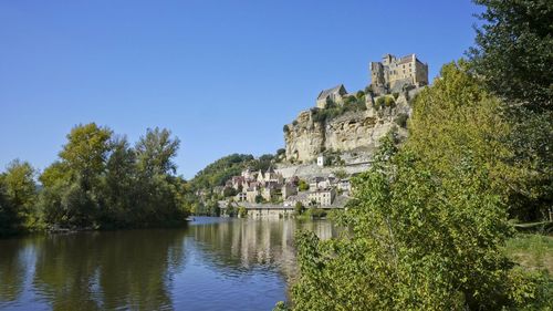 Scenic view of lake and trees against clear sky