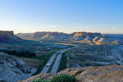 High angle view of mountain range against clear sky