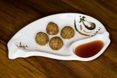 High angle view of dessert in plate on table