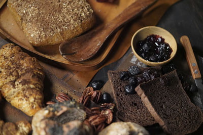 High angle view of breakfast on table