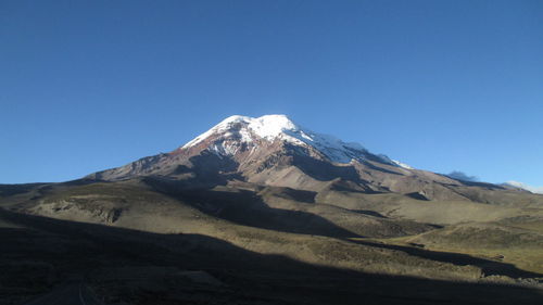 Scenic view of snowcapped mountains against clear blue sky