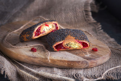 Close-up of cake on cutting board