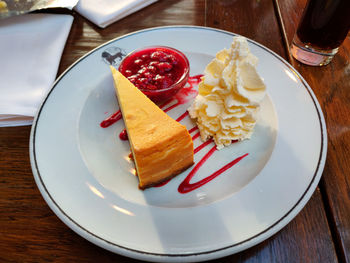 High angle view of breakfast served on table