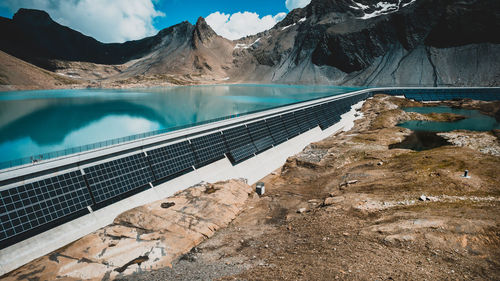 Photovoltaic panels on a dam in 2.500 meter above sea level in the swiss alps