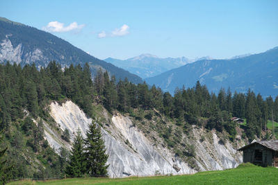 Scenic view of mountains and trees against sky