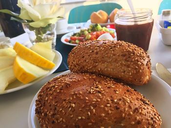 Close-up of breakfast served on table