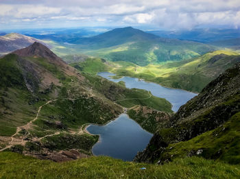 Scenic view of lake and mountains against sky