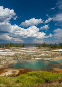 Scenic view of lake against cloudy sky