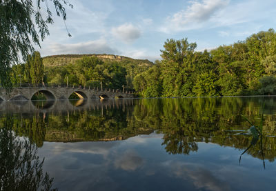 Scenic view of lake by trees against sky