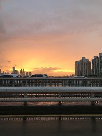 Bridge over river by buildings against sky during sunset