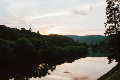 Reflection of trees in lake against sky