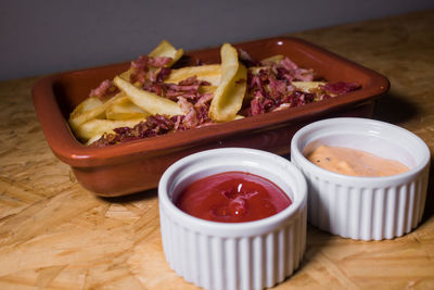 Close-up of food served on table