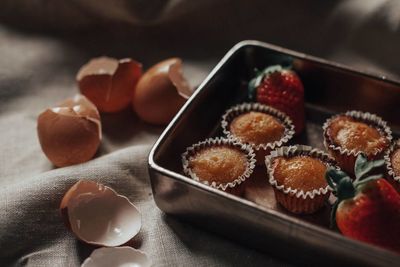 High angle view of cupcakes on table