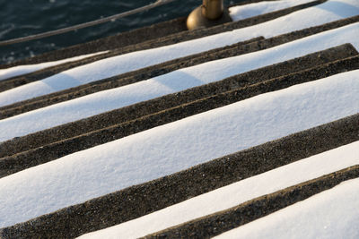 High angle view of snow on steps