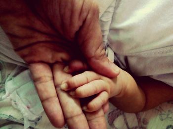 Close-up of baby hand holding hands