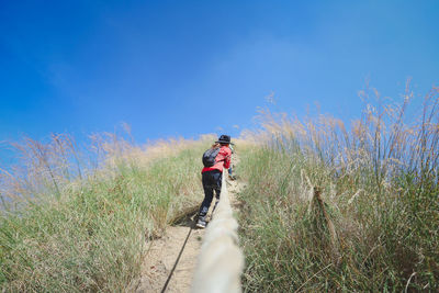 Rear view of woman climbing mountain with rope