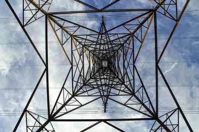 Low angle view of electricity pylon against sky