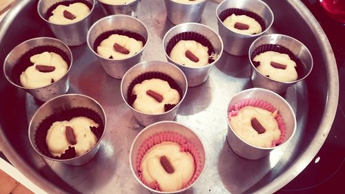 High angle view of cupcakes on table