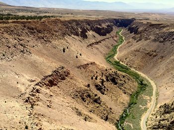 High angle view of creek amidst mountains