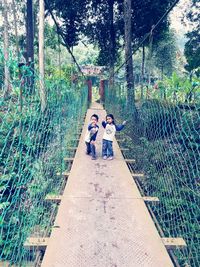 Rear view of friends standing on footbridge