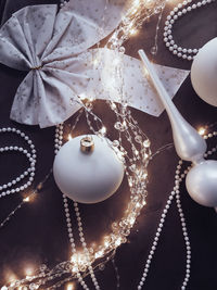 High angle view of christmas decorations on table