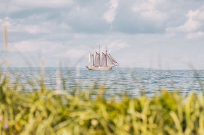 Scenic view of sea with ship against sky