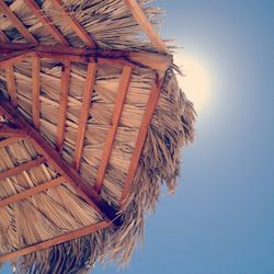 Low angle view of thatched roof against clear sky