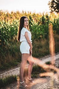 Young beautiful woman with brown hair in the corn field.