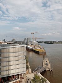 High angle view of pier over river against sky