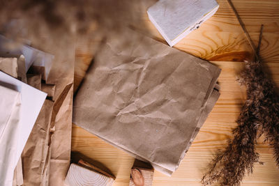 High angle view of open book on table