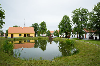 Trees and houses on field against sky