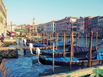 Gondolas moored in grand canal