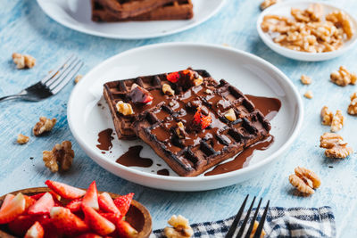High angle view of breakfast in plate on table