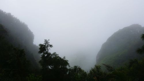 Scenic view of mountains in foggy weather