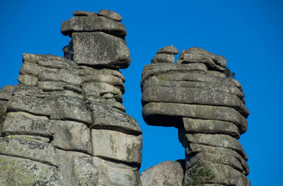 Low angle view of old ruins against clear blue sky