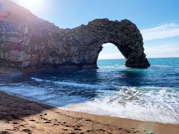 Rock formations on beach against sky