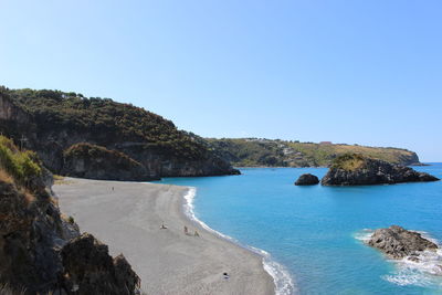 Scenic view of sea against clear blue sky