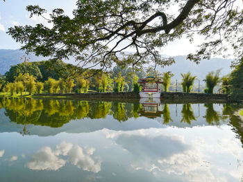 Reflection of trees in lake against sky