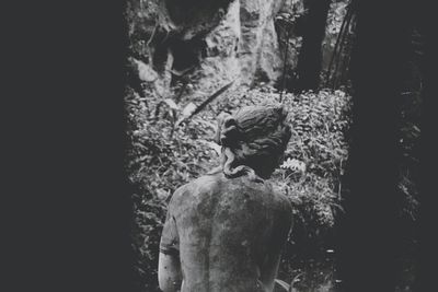Rear view of statue amidst trees in forest