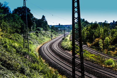Railroad tracks by trees against clear sky