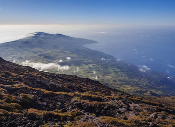 Scenic view of sea and mountains against sky
