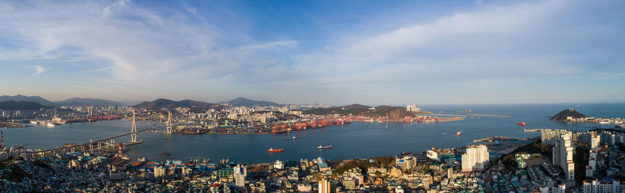 High angle view of city at waterfront