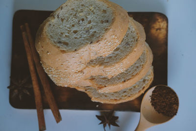 High angle view of bread in plate on table