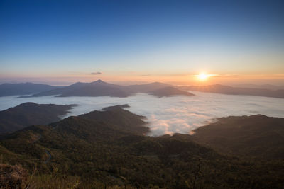 Scenic view of mountains against sky during sunset