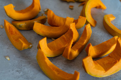 High angle view of orange fruits on table