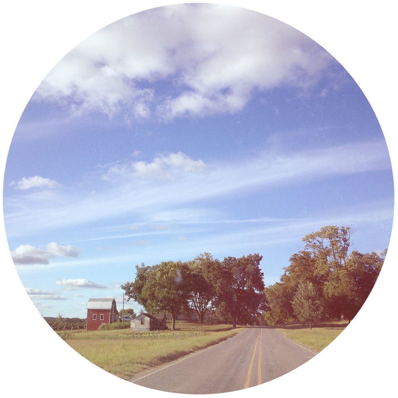 sky, tree, cloud - sky, cloud, geometric shape, transfer print, circle, fish-eye lens, field, built structure, nature, day, landscape, grass, auto post production filter, architecture, tranquility, outdoors, tranquil scene, no people