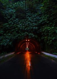 Illuminated tunnel at night