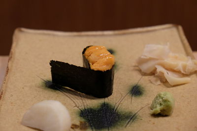 Close-up of sushi served in plate